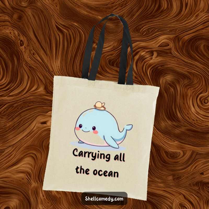 Funny whale tote bag featuring a happy whale with a shell on its head, perfect for carrying treasures with oceanic whimsy.