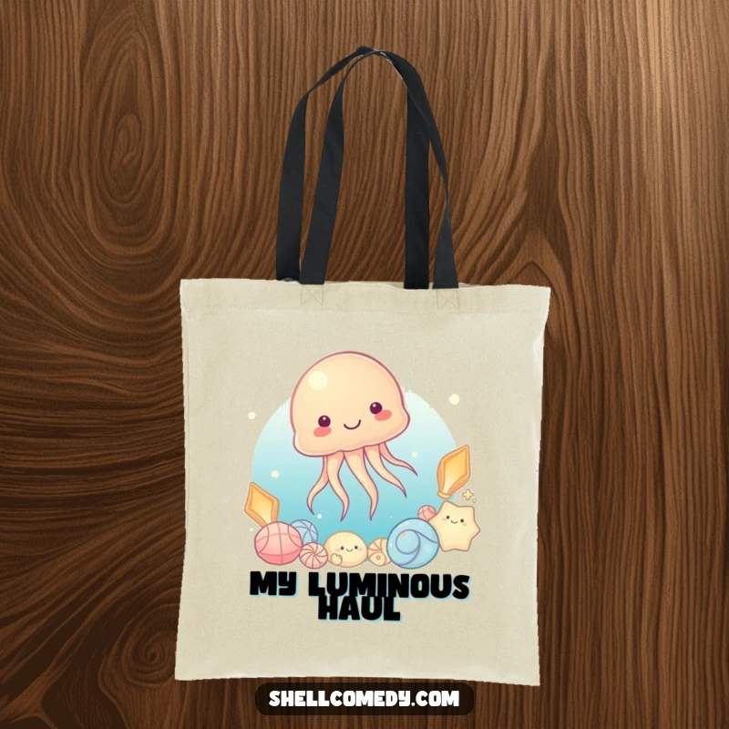 Funny Jellyfish Tote Bag: A content jellyfish floats serenely beside luminous shells, carrying your items with grace.